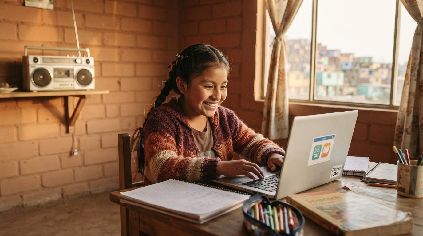 Un estudiante usa una laptop donada para estudiar en casa