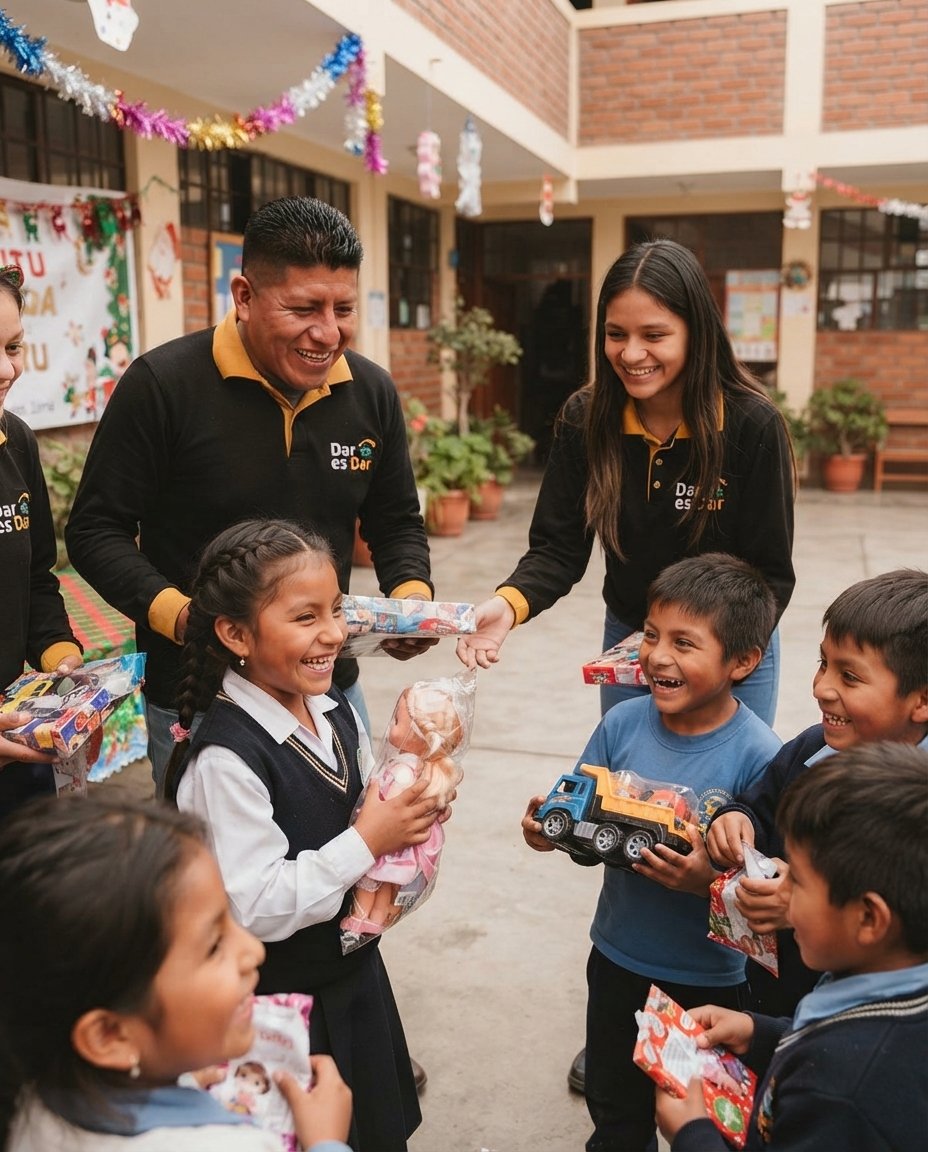 Entrega de juguetes a niños en una jornada navideña de Dar es Dar
