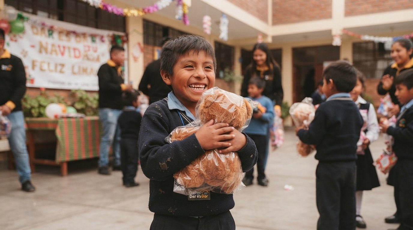 Una niña recibe un regalo en una jornada navideña de Dar es Dar